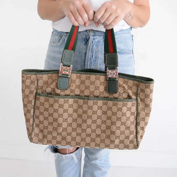 GUCCI Beige & Green GG Sherry Canvas Web Handle Tote Purse Bag - Picture 1 of 17